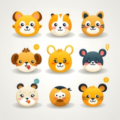 Set of animal faces, face emojis, stickers, emoticons,cartoon funny mascot characters face set, Generative AI illustration