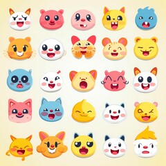 Fototapeta premium Set of animal faces, face emojis, stickers, emoticons,cartoon funny mascot characters face set, Generative AI illustration