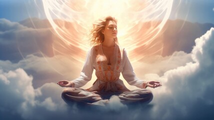 Fototapeta na wymiar Woman in meditation Backlit Pose with calm and energy . Generative AI image weber.
