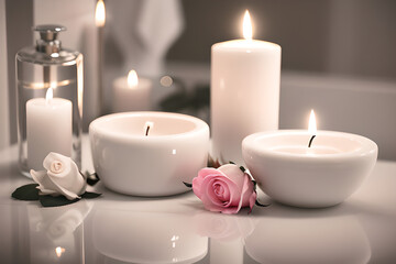 Obraz na płótnie Canvas Elegant white bathroom interior with rose and candles, Macro shot romantic zen Atmosphere.