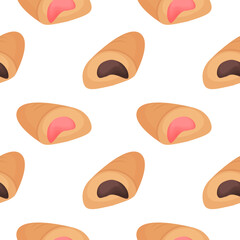 seamless pattern of chocolate and strawberries buns with a pixel theme on a white background