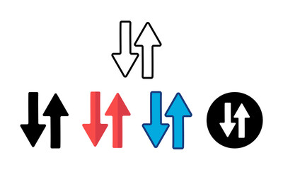 
up and down arrow icon set with 5 different types of styles, line, color line, flat color, round, black fill.
