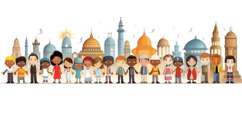multicultural diverse children cartoon with city skyline of world landmarks on white background. beautiful Generative AI AIG32
