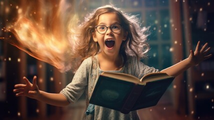 Girl excited with an opened magical book with wave of astral magical elements flowing out. Generative AI image weber.