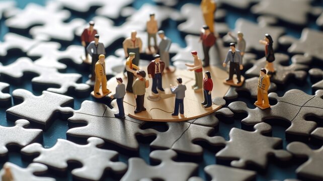 Miniature business people connecting many puzzle, top view, concept of teamwork. Generative AI image weber.