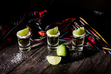 Mexican Tequila Shots with Lime and Salt in Mexico	 - obrazy, fototapety, plakaty