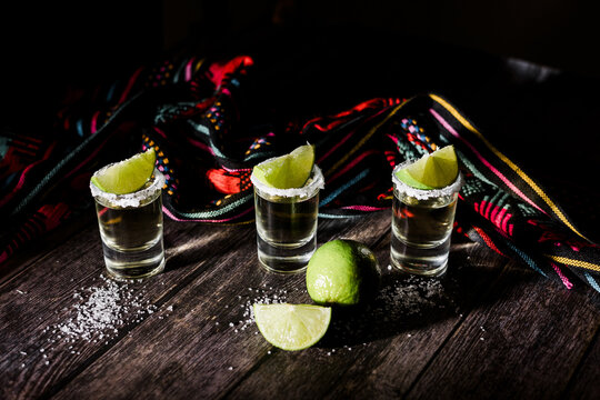 Mexican Tequila Shots with Lime and Salt in Mexico	