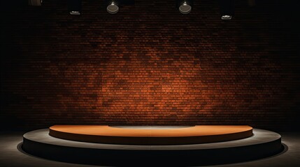 illuminated  light circle stage podium with brick background AI Generative