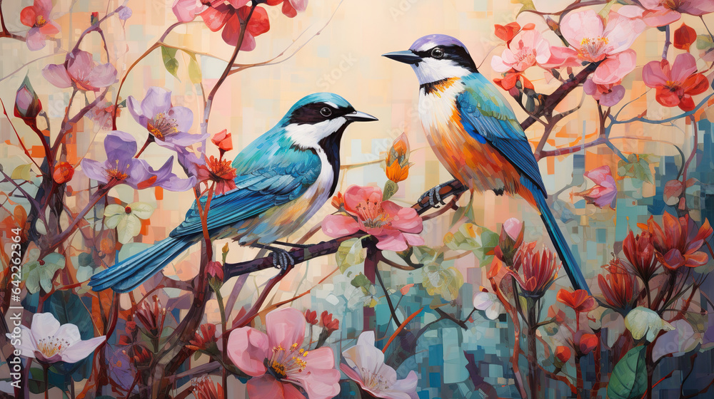 Wall mural two colorful birds sitting on some flowers.