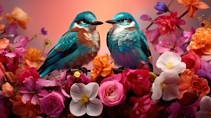 two colorful birds sitting on some flowers.