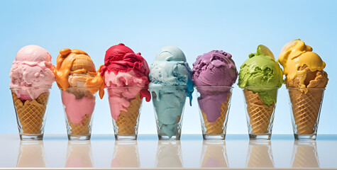 Ice Cream Extravaganza: Multiple Styles and Cones in Glasses on White, Photo-Realistic Landscapes with Dynamic Color Fields