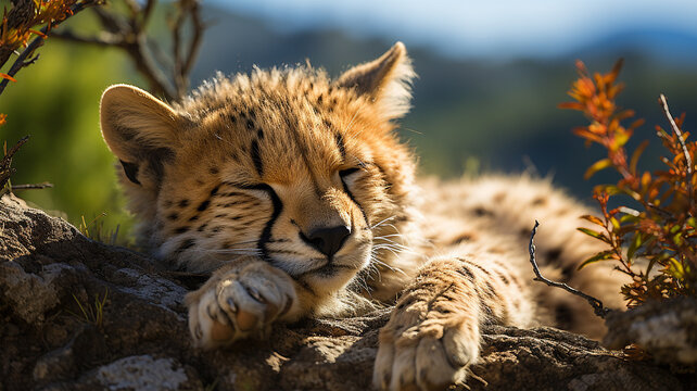 Cheetah in the Africa nature field, feels sleeping, with the warm light of sunshine,