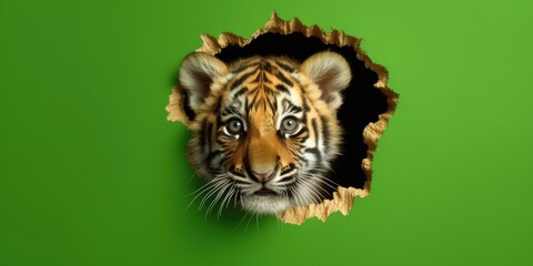 Cute Tiger peeking out of a hole in wall, torn hole, empty copy space frame, mockup. Generative AI image weber.