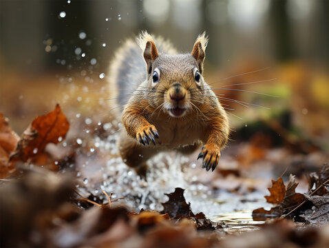 The squirrel jumping across the water pond, shot stop motion picture, blurred background