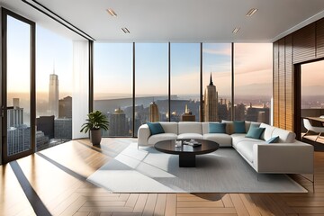 office space, characterized by clean lines, a glass desk, and panoramic city views