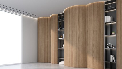 Modern empty room with vertical wooden slats. 3d illustration render