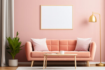 Poster frame mockup in light pink Scandinavian style interior