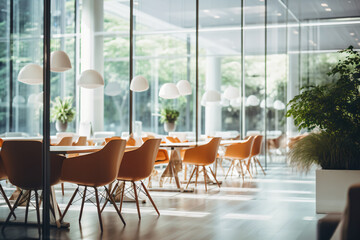 Beautiful blurred background of a modern office with panoramic windows and stunning lighting