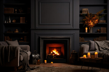 Vintage Dark Interior with Fireplace mockup
