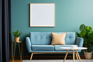 Poster frame mockup in light blue minimalist interior
