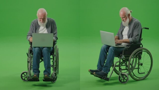 2-in-1 Split Green Screen Montage.An Old Man in a Wheelchair Works on a Laptop.A Smart Elderly Man, Freelancer, Browsing on the Internet Using a Laptop. Assistive Technology for People in Wheelchairs.