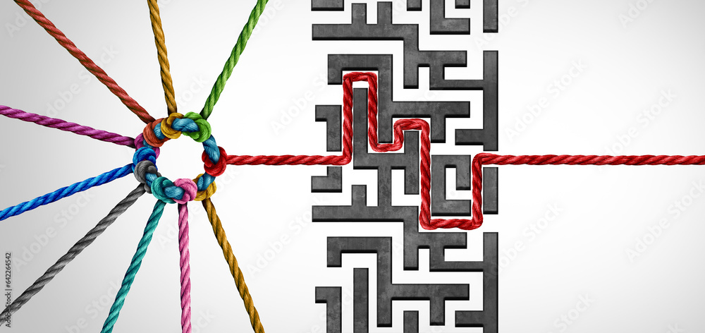 Aufkleber Team leadership success and strategic business solution as a group of connected diverse ropes solving a problem finding a path through a maze obstacle