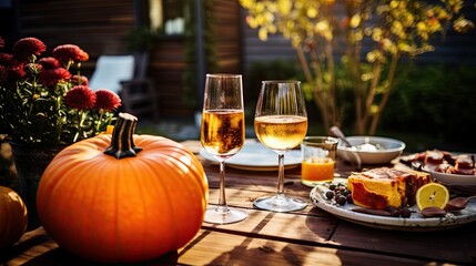 Portrait a glass cocktail with pumpkin on the table AI Generative