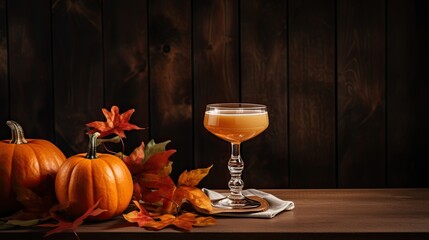 Portrait pumpkin with a glass cocktail on the table Ai Generative