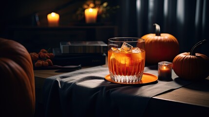 Obraz na płótnie Canvas Portrait pumpkin with a glass cocktail on the table Ai Generative