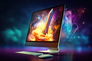 Rocket coming out of desktop computer screen. beautiful Generative AI AIG32