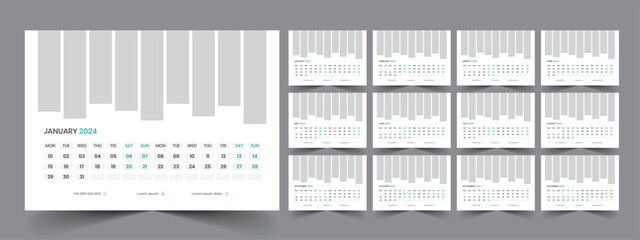 Calendar 2024 planner corporate template design set. Week starts on Monday. template for annual calendar 2024