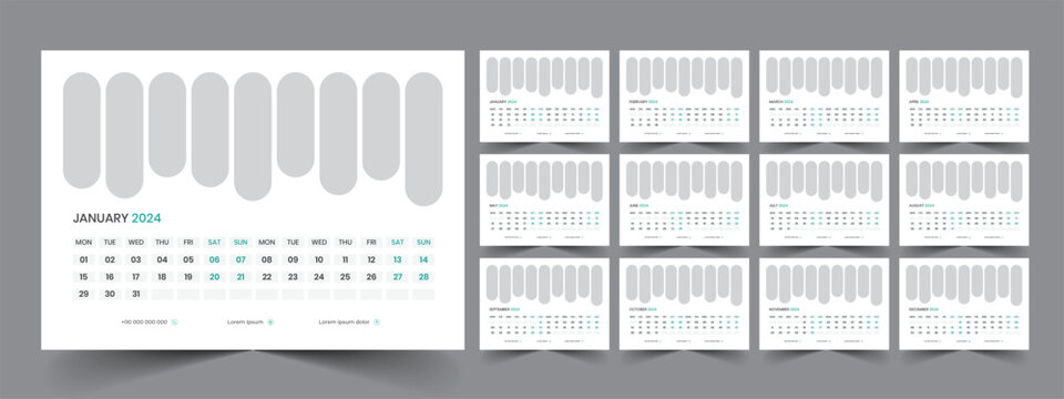 Calendar 2024 planner corporate template design set. Week starts on Monday. template for annual calendar 2024
