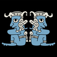 Symmetrical ethnic design with two seated funny men. Native American art from Mayan codex. On black background.
