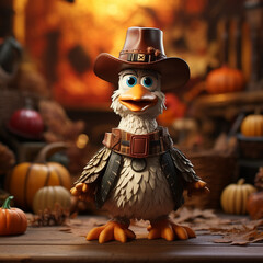 thanksgiving turkey wearing a pilgrim hat with pumpkins