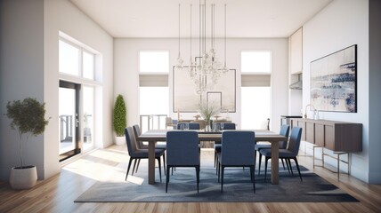 Interior design inspiration of Modern Minimal style home dining room loveliness decorated with Wood and Glass material and Chandelier .Generative AI home interior design .