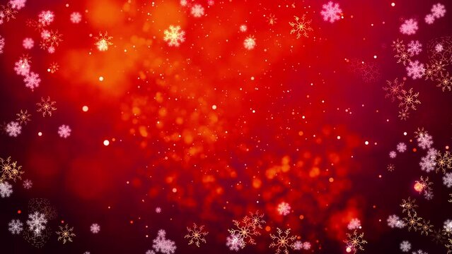 Red moving background. greeting card merry christmas holiday season with snowflakes shining light decorations. Beautiful Happy New Year festive frame abstract particles falling glitter animation. 