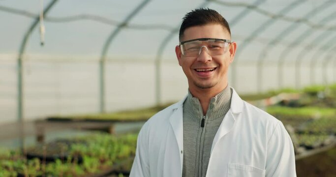 Scientist man, greenhouse and face for agriculture, vegetables or growth with pride at farm, sustainability and farming. Agro research in a garden with portrait, crops or ecology with development