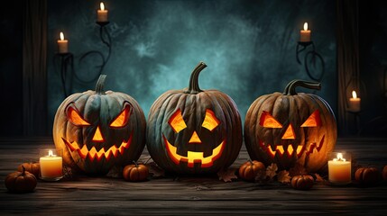 Fototapeta premium Illuminated Halloween Carved Pumpkins on wooden table