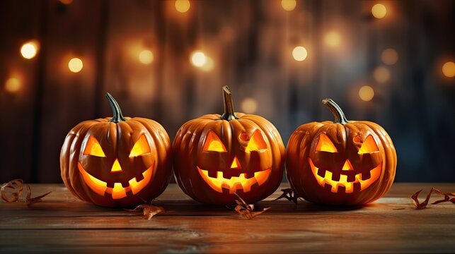 Illuminated Halloween Carved Pumpkins on wooden table