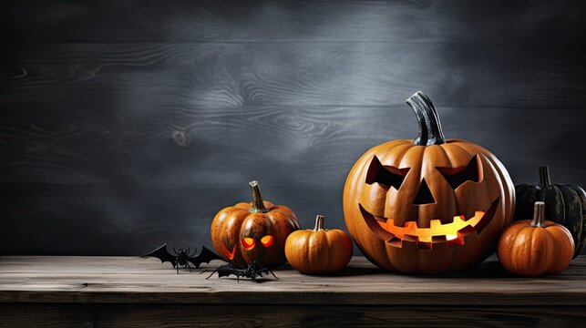 Orange ghost pumpkins with bats on gray wooden board background