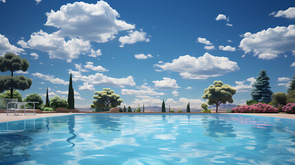 Fototapeta na wymiar Swimming pool under a blue sky with billowing clouds