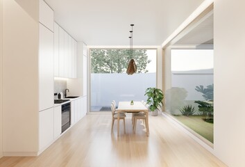 Minimal white kitchen and dining table. 3D illustration rendering