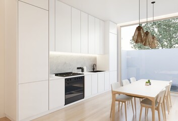 Minimal white kitchen and dining table. 3D illustration rendering