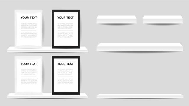 White and black picture frames are placed on a white wall shelf   isolated on gray background ,  Flat Modern design , Illustration Vector  EPS 10