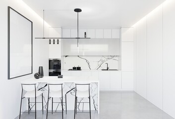 Minimal white kitchen and dining table. 3D illustration rendering