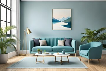Creative interior design in green studio with plant pot and sofa. Pastel blue and white color background. 3D rendering for web page, presentation or picture frame