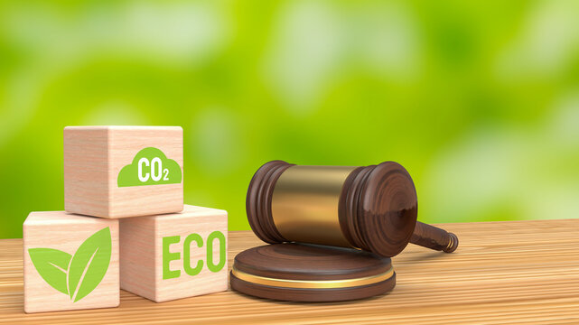 The hammer and eco icon on wood cube for International Law and Environment Law 3d rendering
