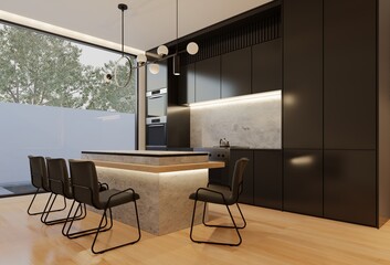 Minimal white kitchen and dining table. 3D illustration rendering