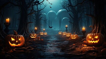 Spooky Halloween banner in a misty forest with an arrangement of glowing evil