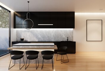 Minimal white kitchen and dining table. 3D illustration rendering